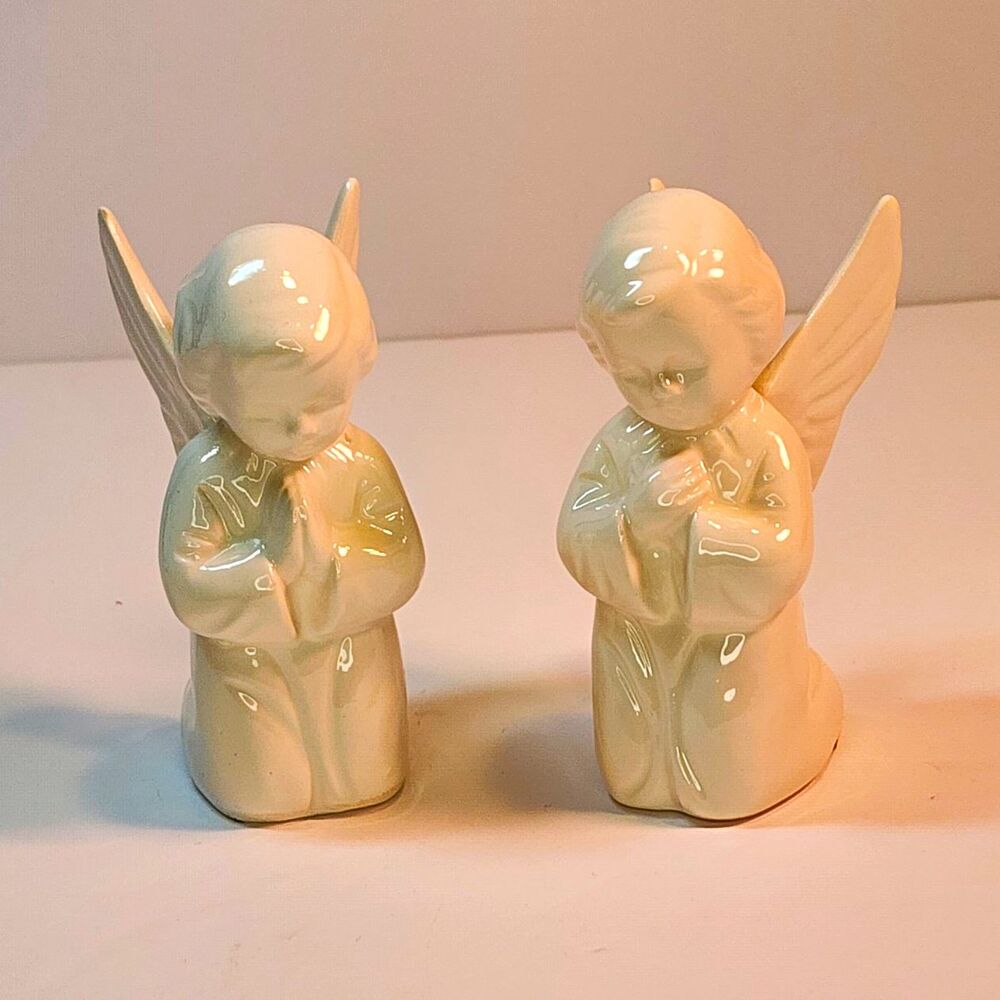 Vintage Napco Ware 2801 Praying Angels Set of 2 White Ceramic Porcelain Japan